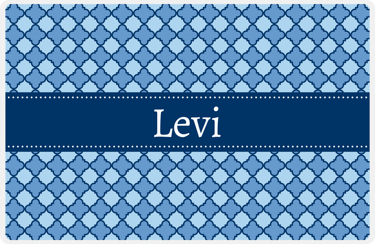 Personalized Quatrefoil Placemat - Glacier and Light Blue - Navy Ribbon Frame -  View