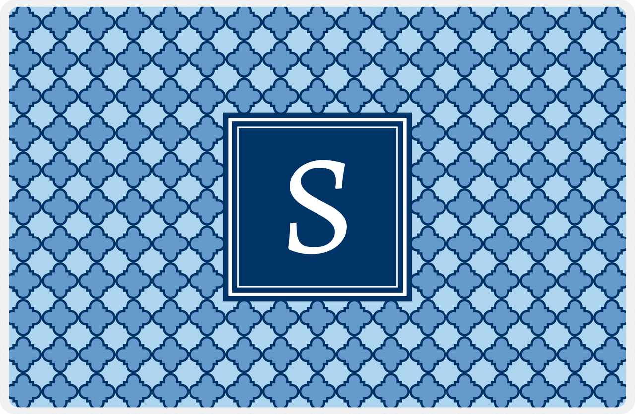 Personalized Quatrefoil Placemat - Glacier and Light Blue - Navy Square Frame -  View