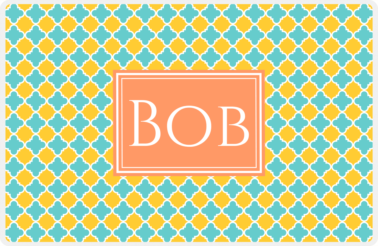 Personalized Quatrefoil Placemat - Viking Blue and Mustard - Tangerine Rectangle Frame -  View