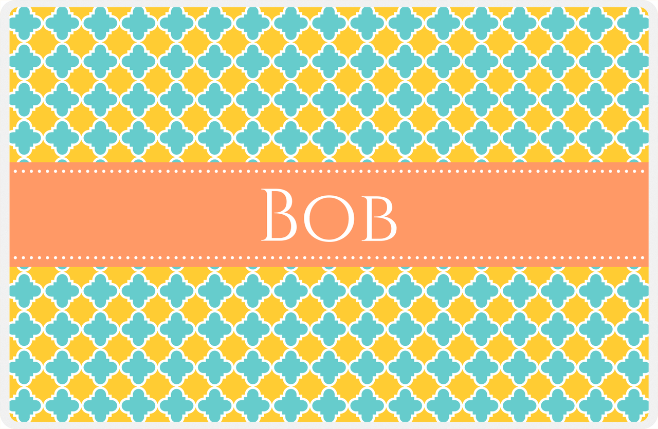 Personalized Quatrefoil Placemat - Viking Blue and Mustard - Tangerine Ribbon Frame -  View