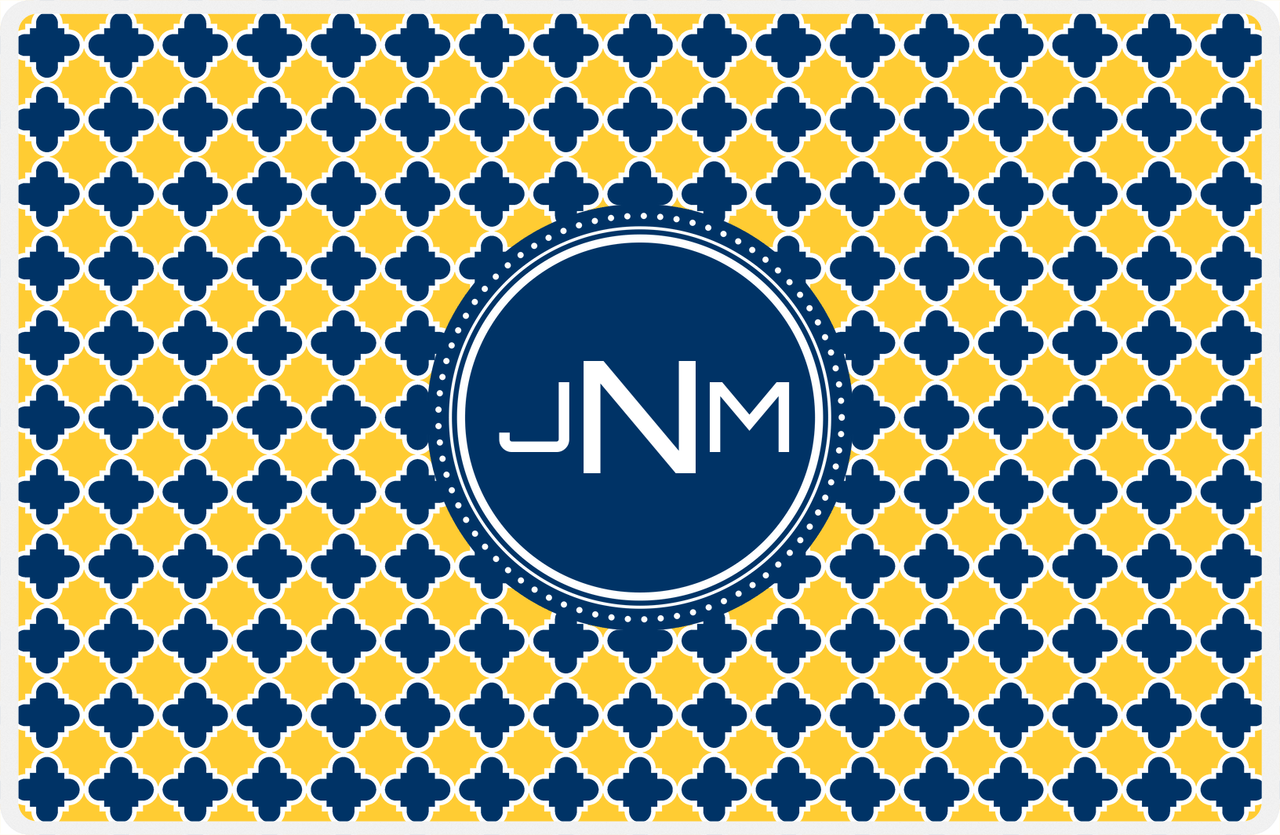 Personalized Quatrefoil Placemat - Navy and Mustard - Navy Circle Frame -  View