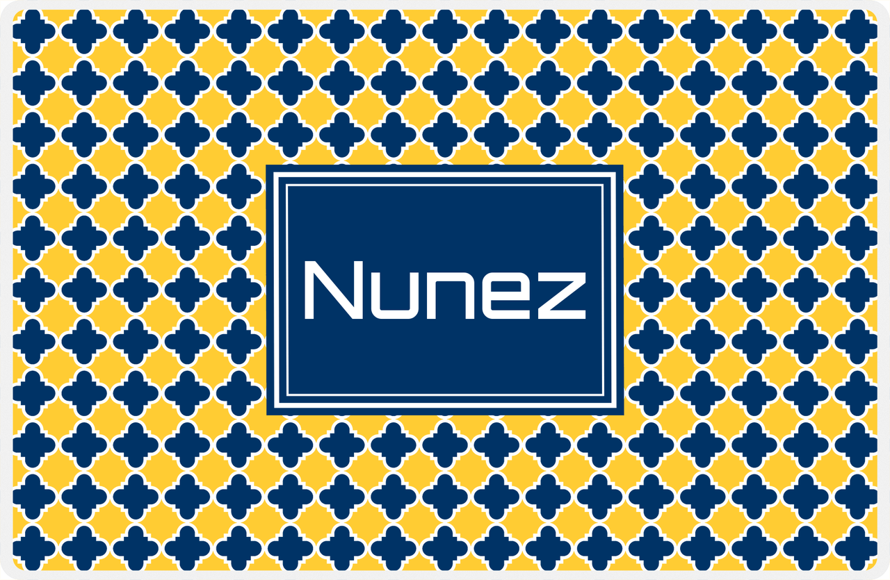 Personalized Quatrefoil Placemat - Navy and Mustard - Navy Rectangle Frame -  View