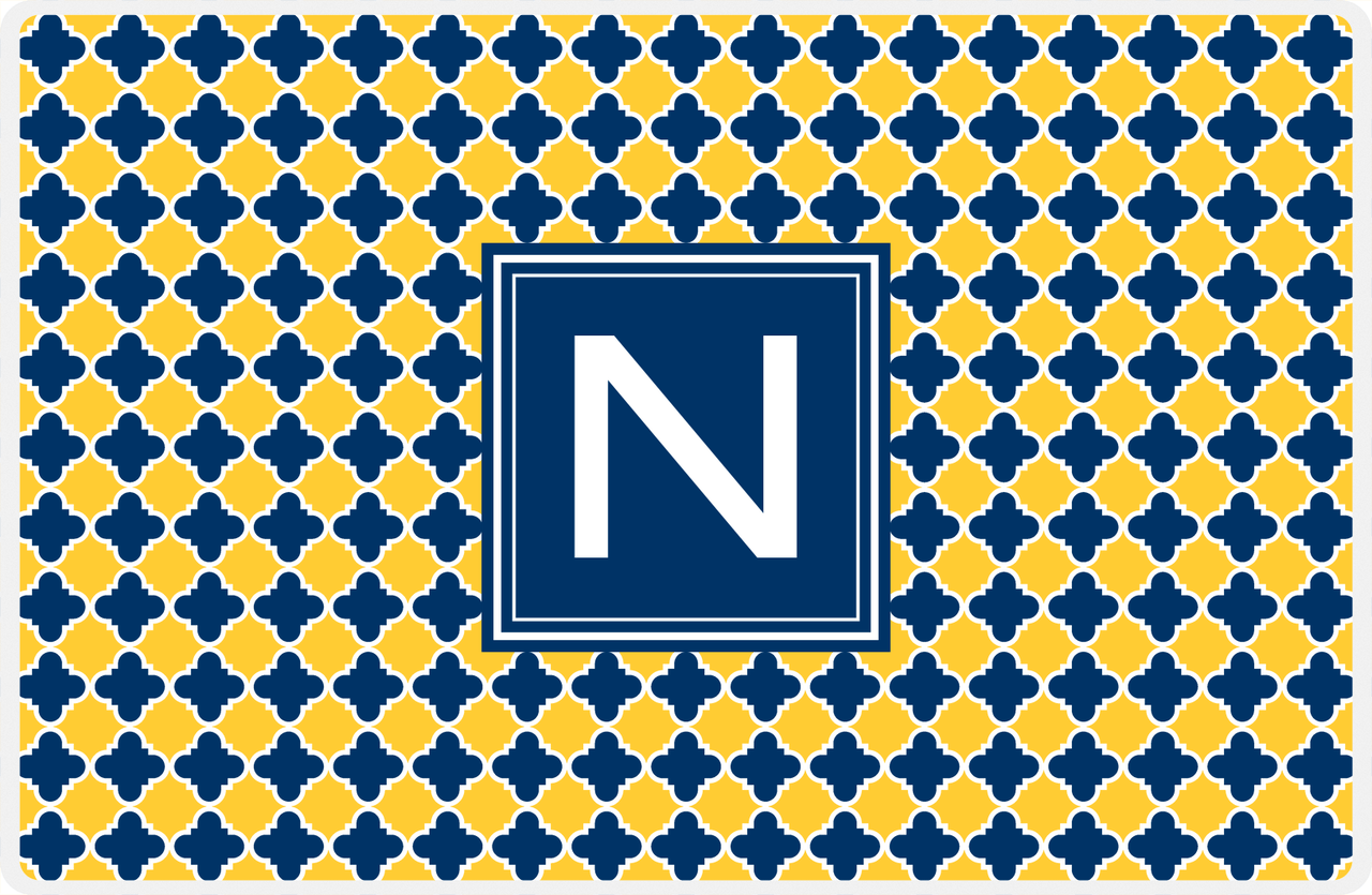 Personalized Quatrefoil Placemat - Navy and Mustard - Navy Square Frame -  View