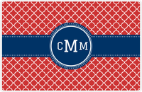 Thumbnail for Personalized Quatrefoil Placemat - Cherry Red and White - Navy Circle Frame With Ribbon -  View