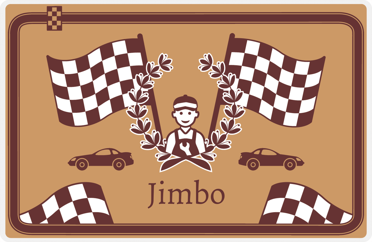 Personalized Racecar Placemat - Race Track Border - Racecar 2 - Light Brown Background with Brown Car -  View