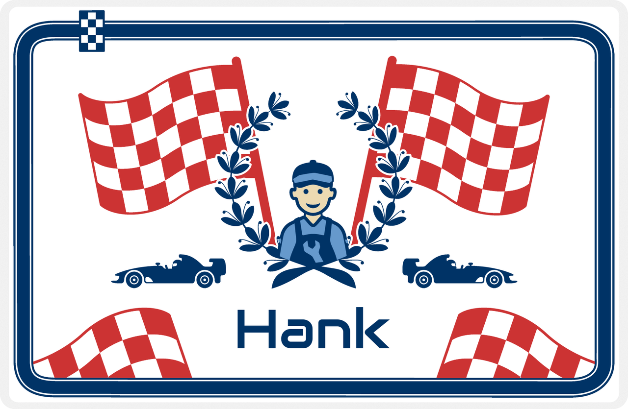 Personalized Racecar Placemat - Race Track Border - Racecar 3 - White Background with Navy Car -  View