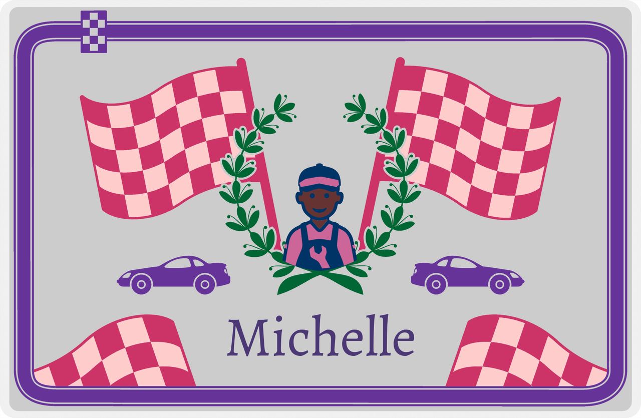 Personalized Racecar Placemat - Race Track Border - Racecar 2 - Grey Background with Purple Car -  View