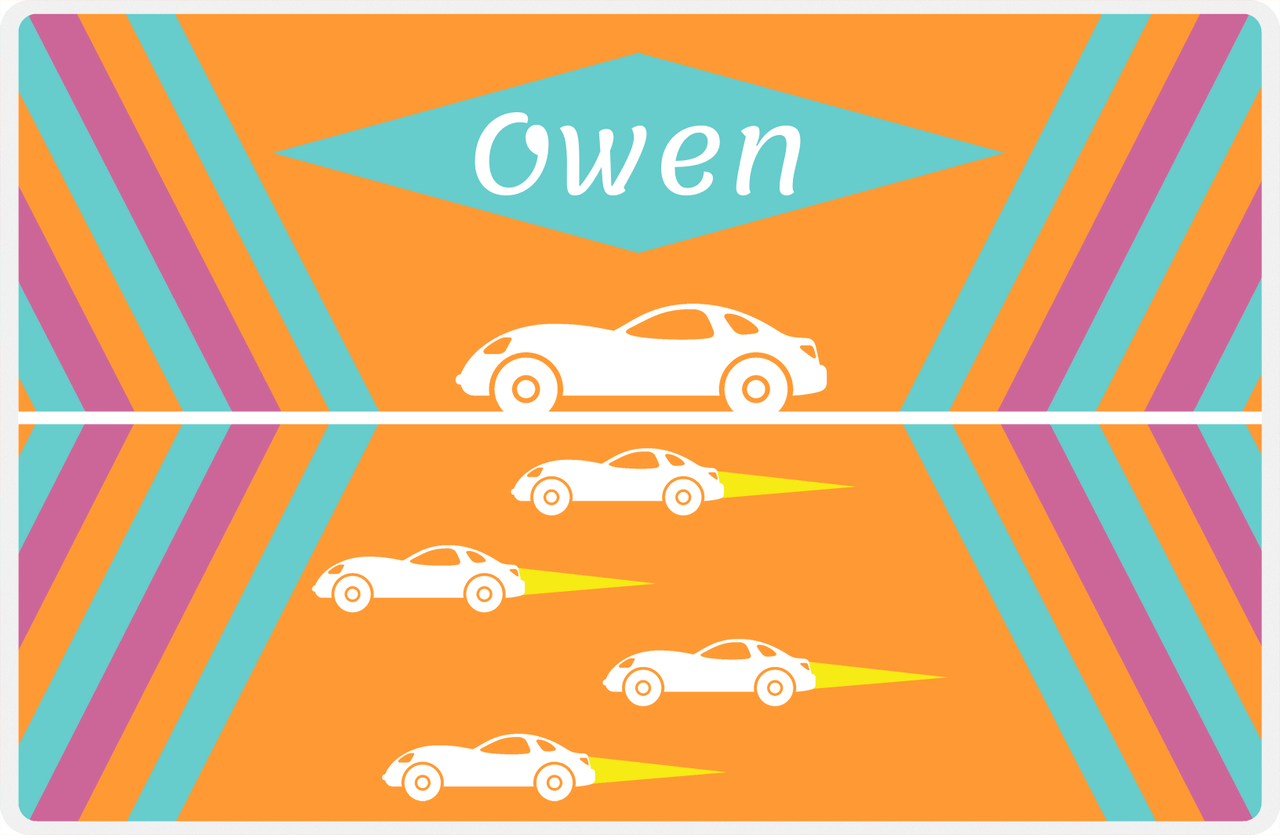 Personalized Racecar Placemat - Retro II - Racecar 1 - Orange Background with White Car -  View