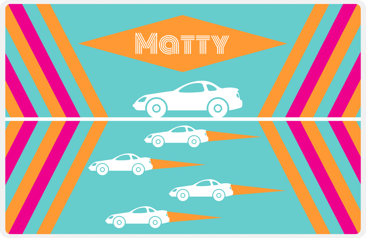 Personalized Racecar Placemat - Retro II - Racecar 2 - Teal Background with White Car -  View