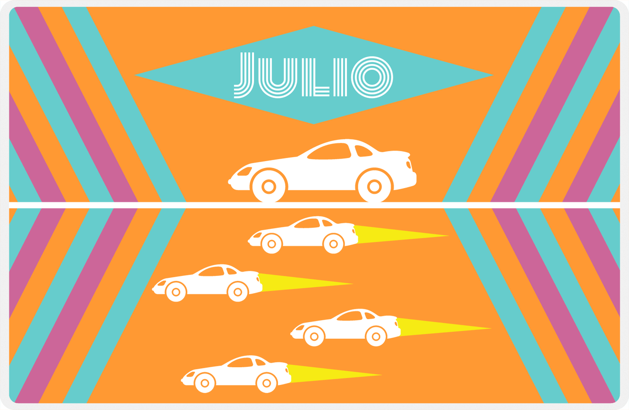 Personalized Racecar Placemat - Retro II - Racecar 2 - Orange Background with White Car -  View