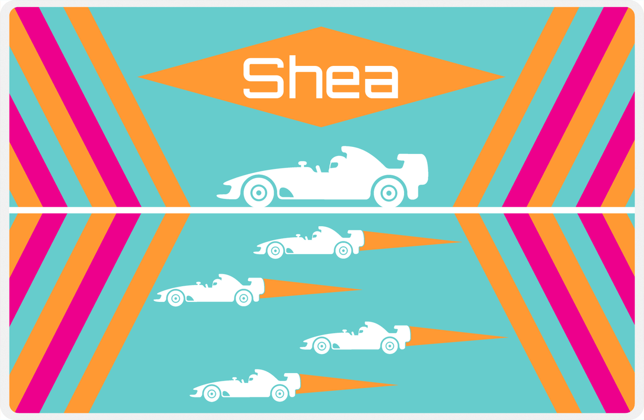 Personalized Racecar Placemat - Retro II - Racecar 3 - Teal Background with White Car -  View