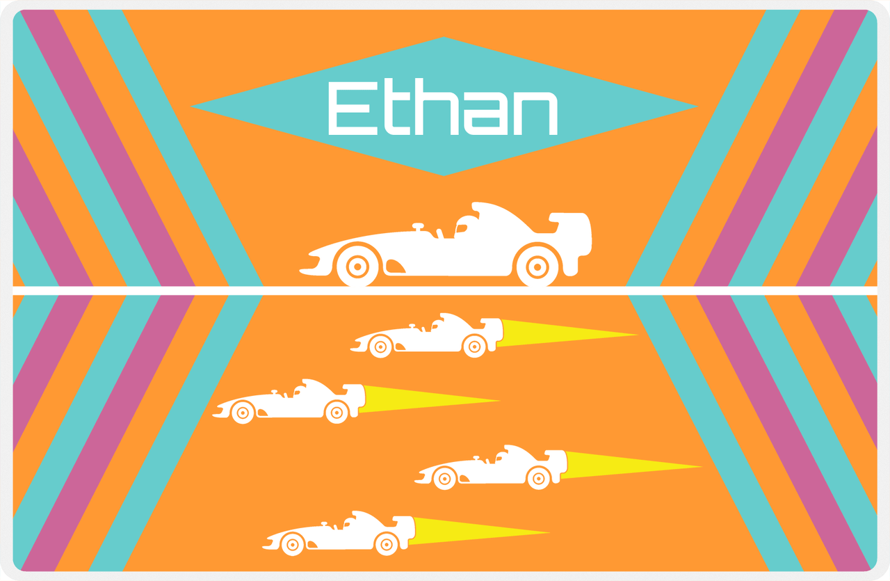 Personalized Racecar Placemat - Retro II - Racecar 3 - Orange Background with White Car -  View