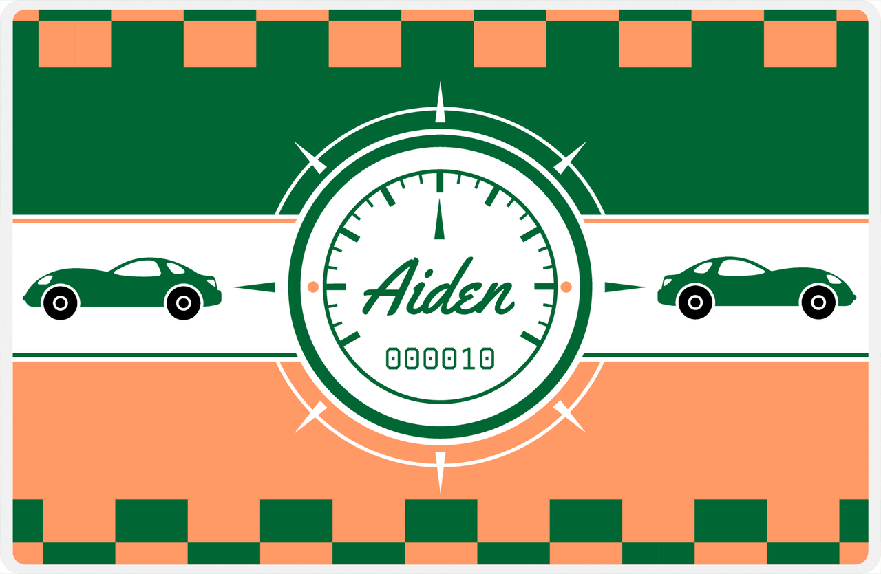 Personalized Racecar Placemat - Retro III - Racecar 1 - Tangerine Background with Dark Green Car -  View