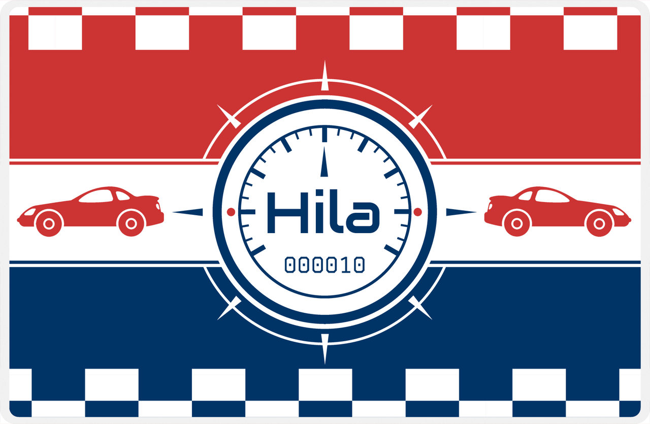 Personalized Racecar Placemat - Retro III - Racecar 2 - Navy Background with Cherry Red Car -  View