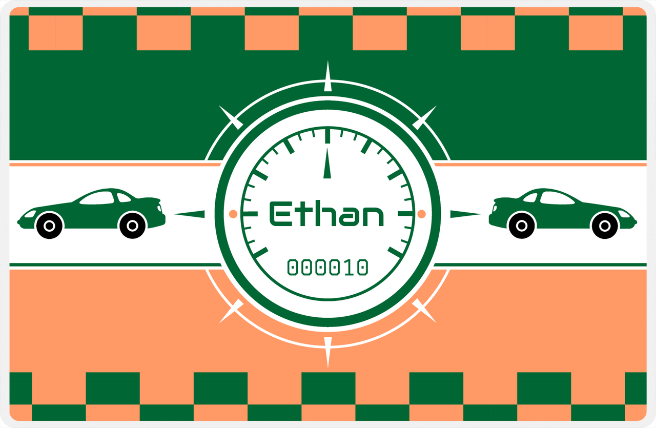 Personalized Racecar Placemat - Retro III - Racecar 2 - Tangerine Background with Dark Green Car -  View