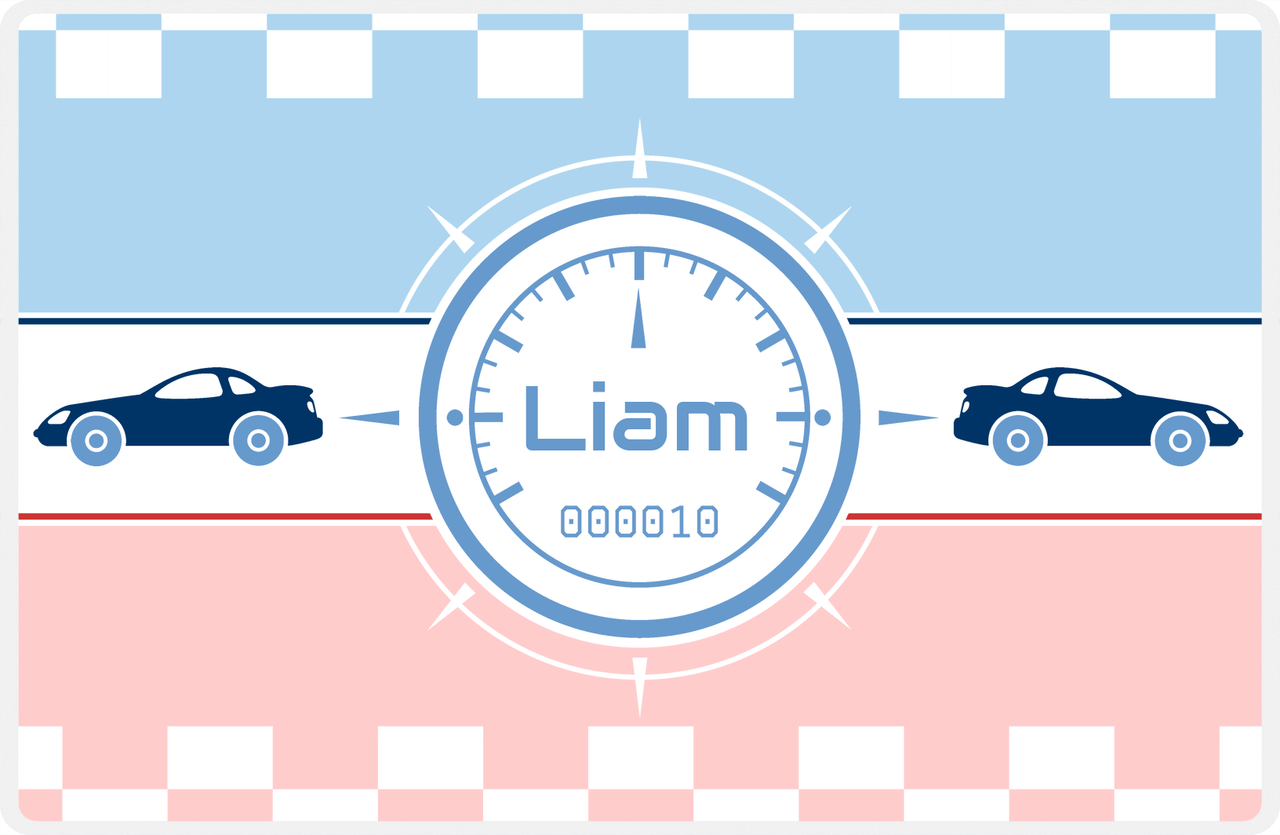 Personalized Racecar Placemat - Retro III - Racecar 2 - Light Blue Background with Navy Car -  View