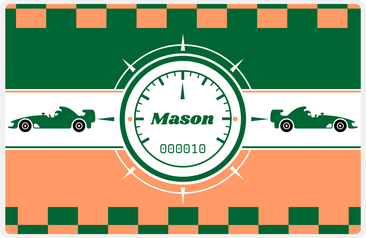 Personalized Racecar Placemat - Retro III - Racecar 3 - Tangerine Background with Dark Green Car -  View