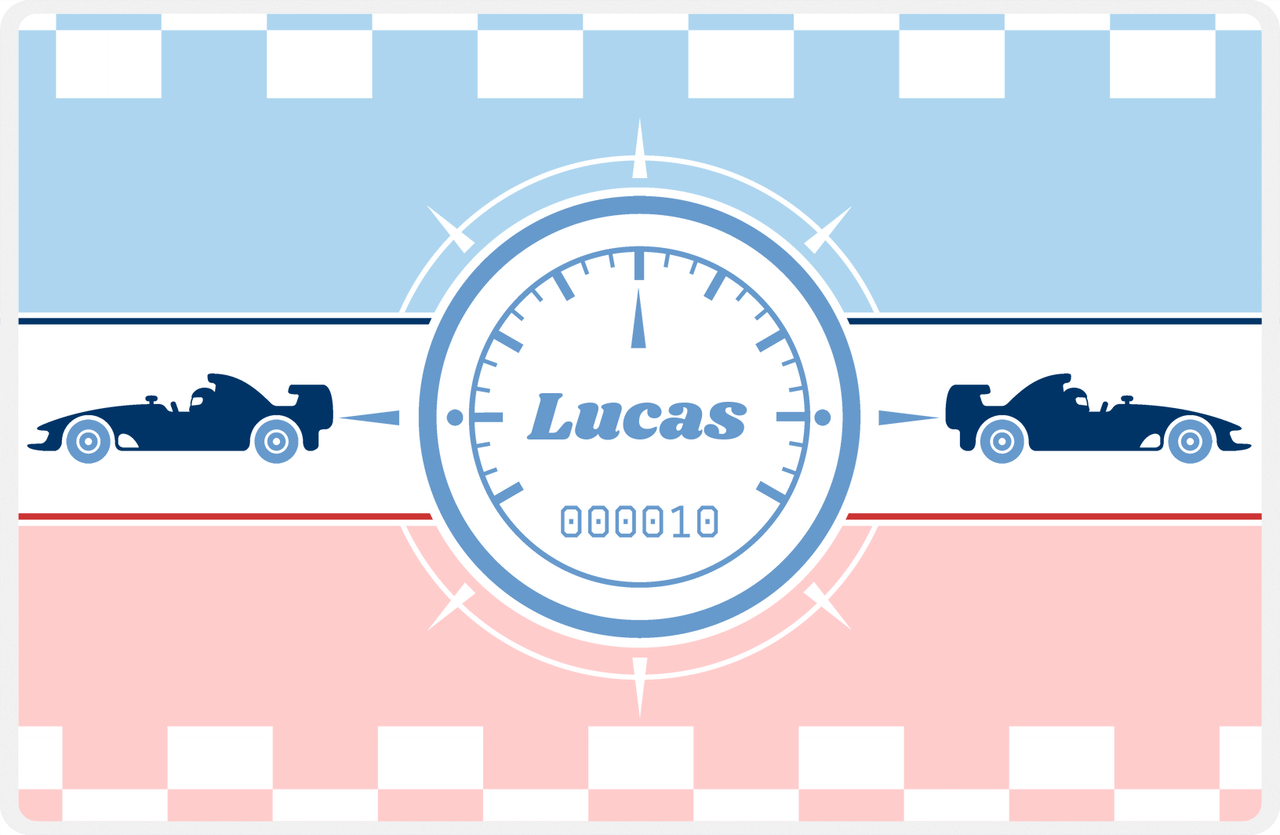 Personalized Racecar Placemat - Retro III - Racecar 3 - Light Blue Background with Navy Car -  View
