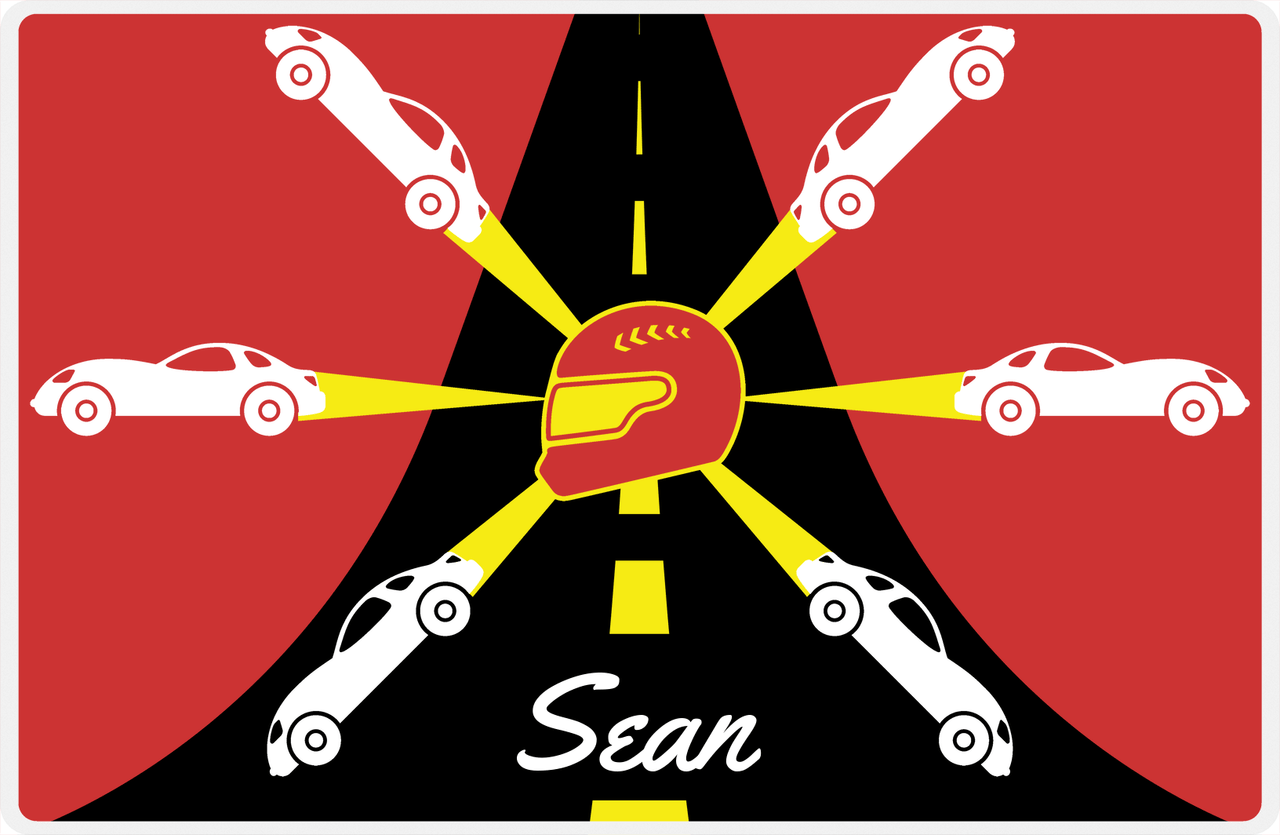 Personalized Racecar Placemat - Retro IV - Racecar 1 - Cherry Red Background with White Car -  View