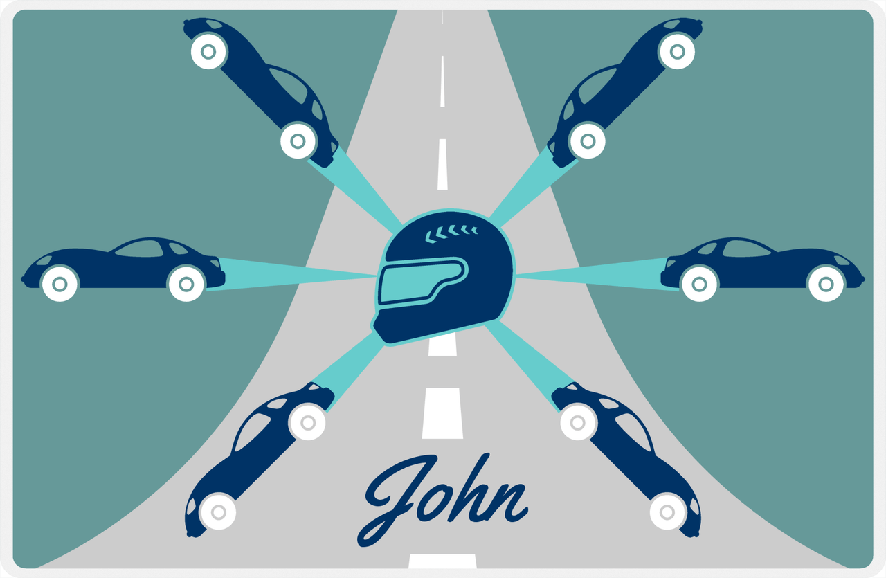 Personalized Racecar Placemat - Retro IV - Racecar 1 - Dark Teal Background with Navy Car -  View