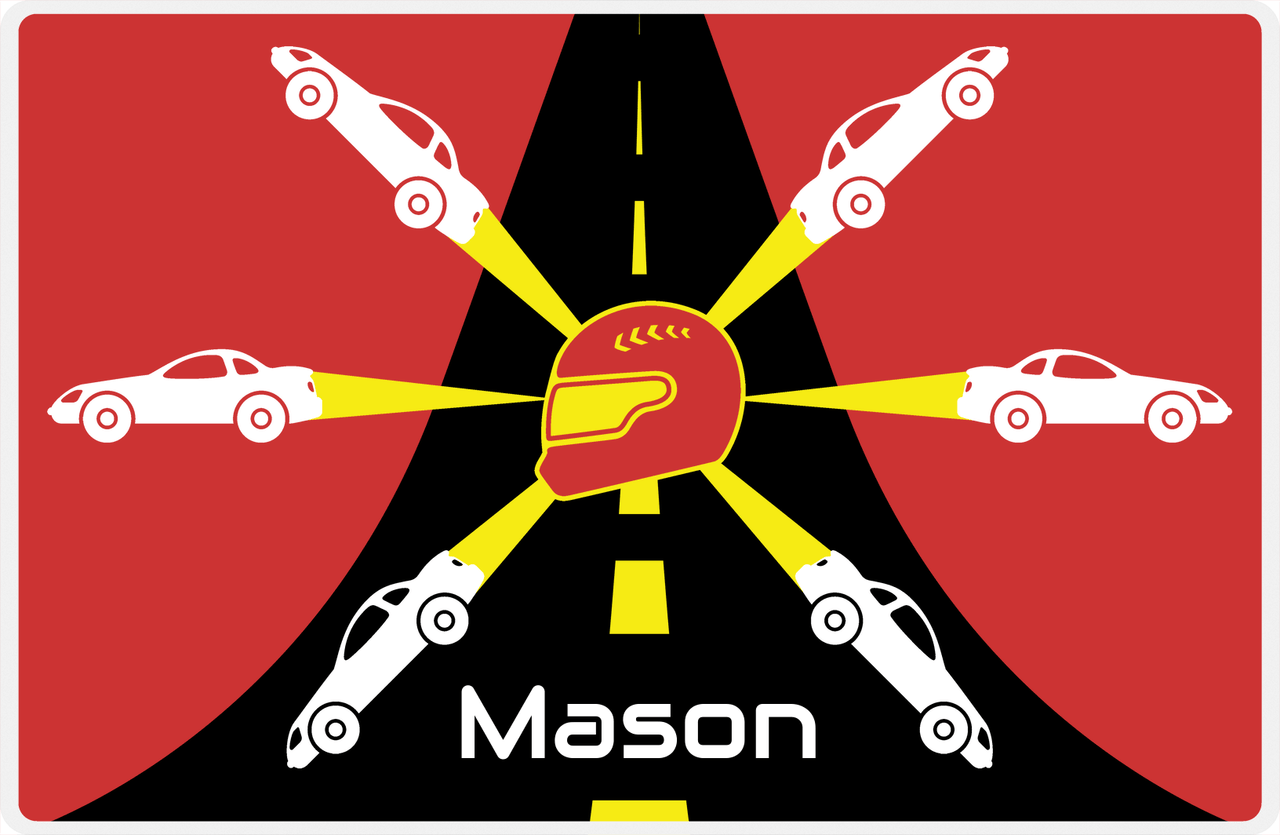 Personalized Racecar Placemat - Retro IV - Racecar 2 - Cherry Red Background with White Car -  View