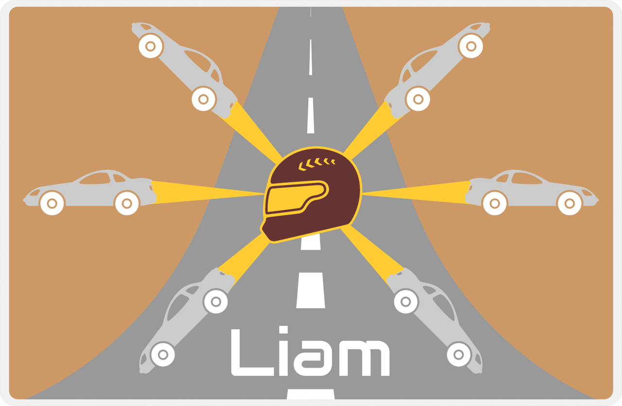 Personalized Racecar Placemat - Retro IV - Racecar 2 - Light Brown Background with Grey Car -  View