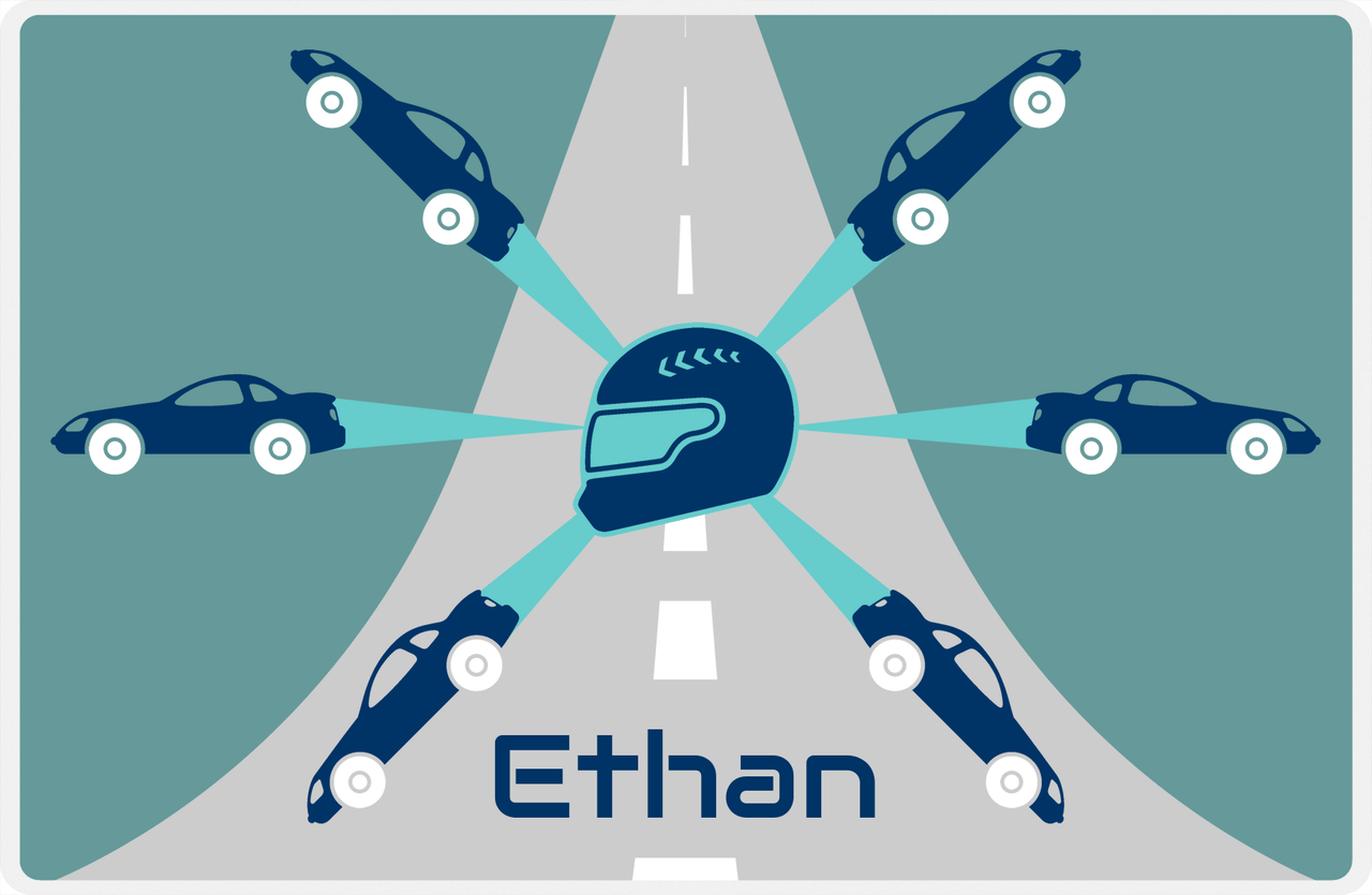 Personalized Racecar Placemat - Retro IV - Racecar 2 - Dark Teal Background with Navy Car -  View