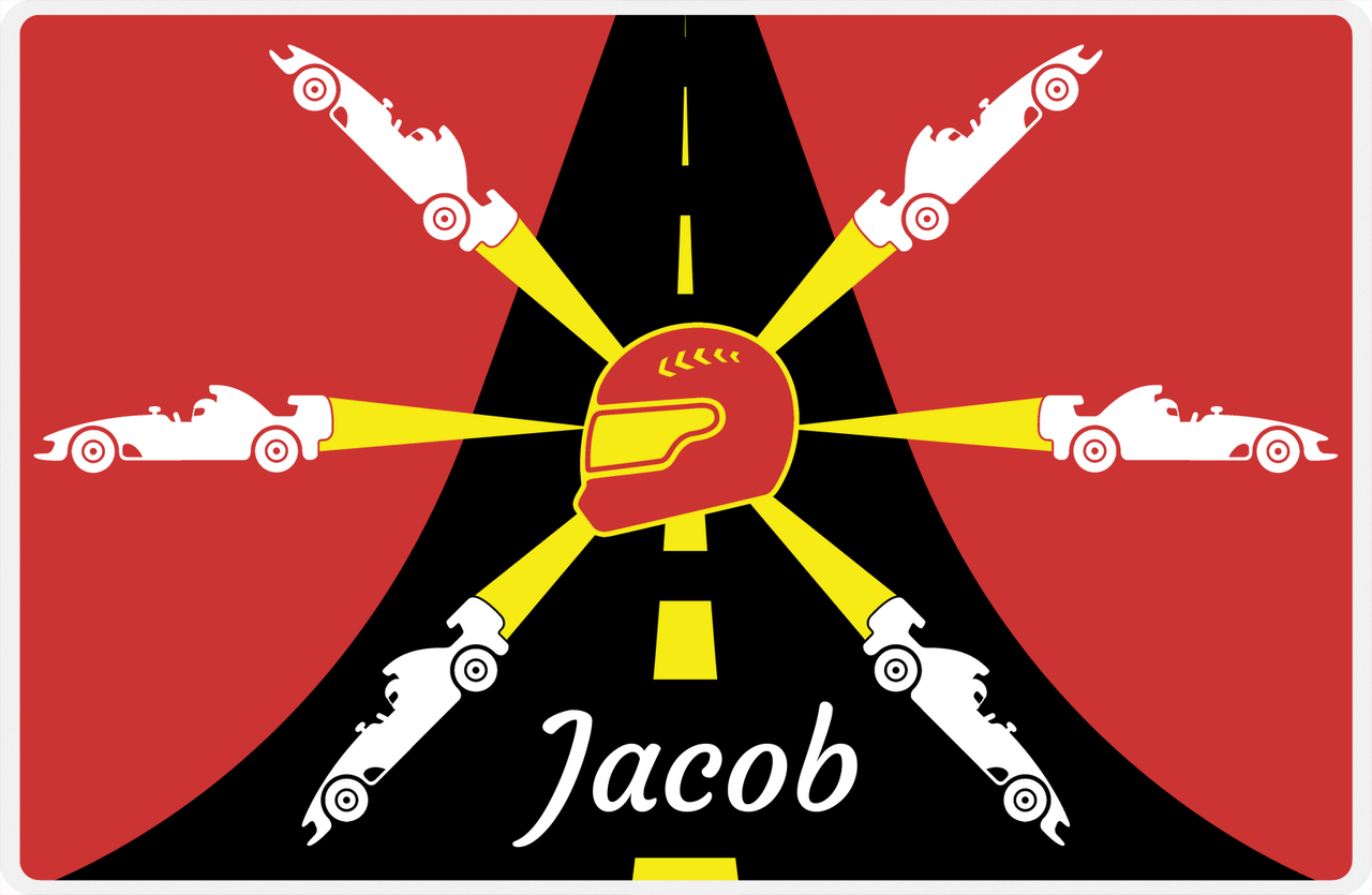 Personalized Racecar Placemat - Retro IV - Racecar 3 - Cherry Red Background with White Car -  View