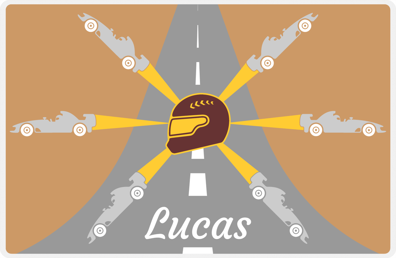 Personalized Racecar Placemat - Retro IV - Racecar 3 - Light Brown Background with Grey Car -  View