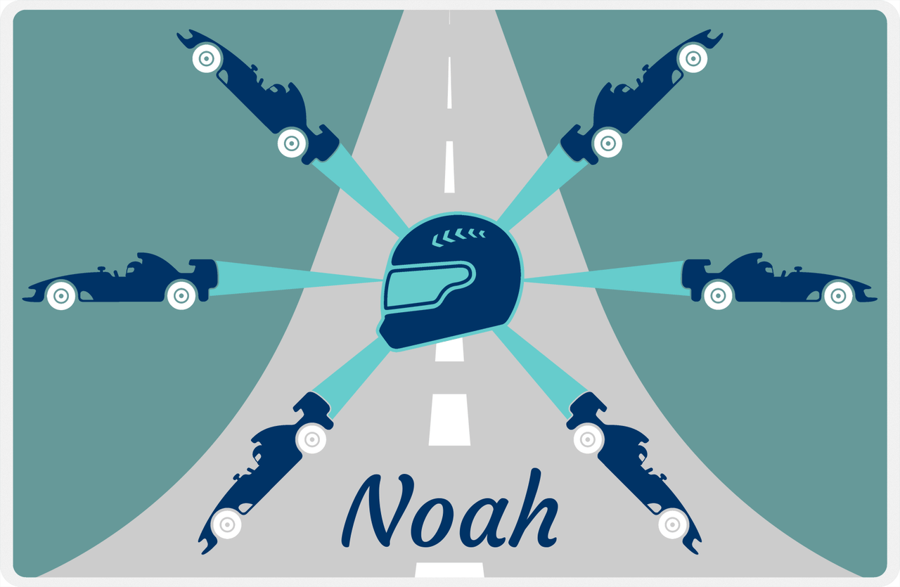 Personalized Racecar Placemat - Retro IV - Racecar 3 - Dark Teal Background with Navy Car -  View