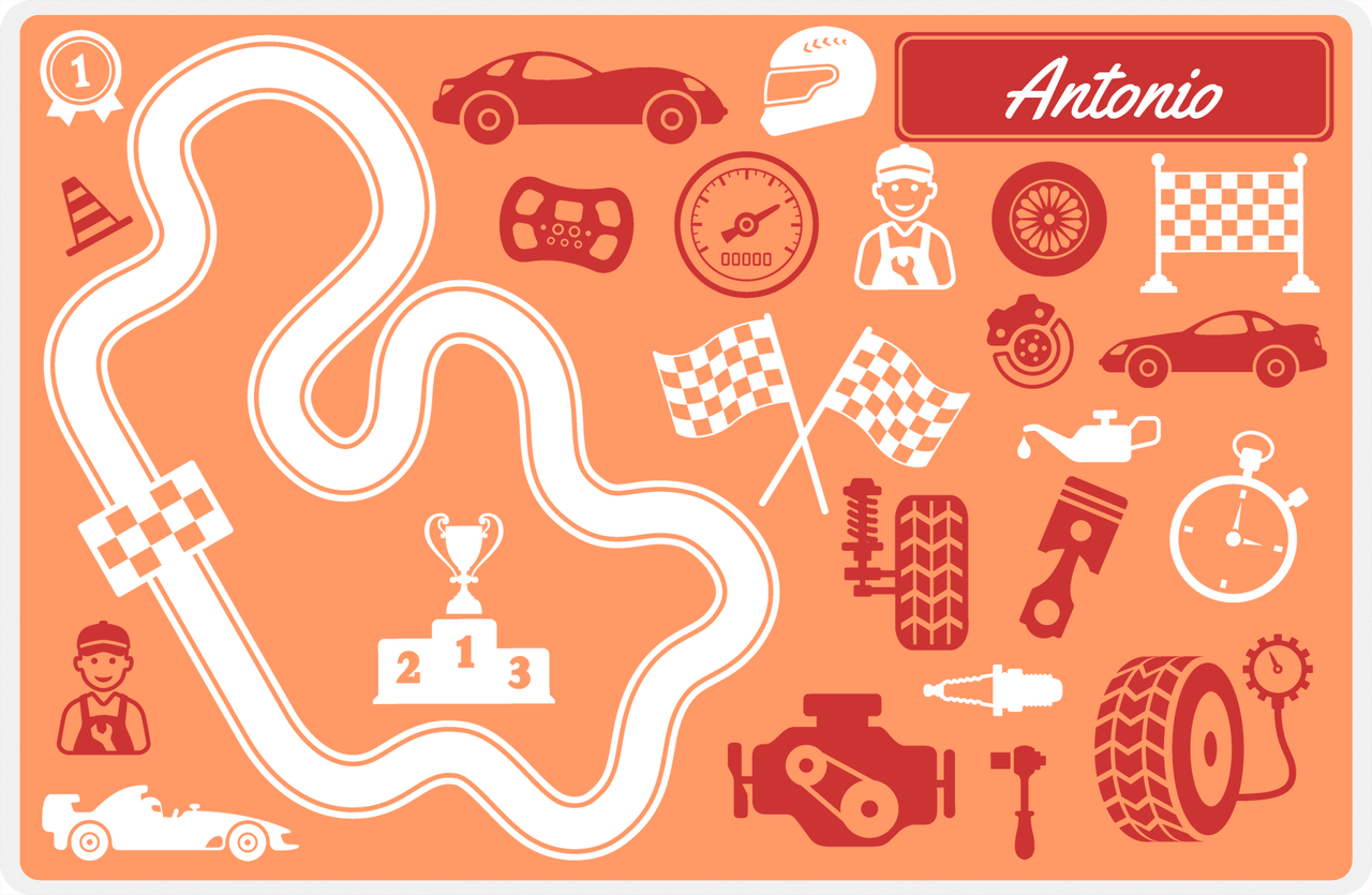 Personalized Racecar Placemat - Car Parts - Nameplate 1 - Tangerine Background with Cherry Red Nameplate -  View
