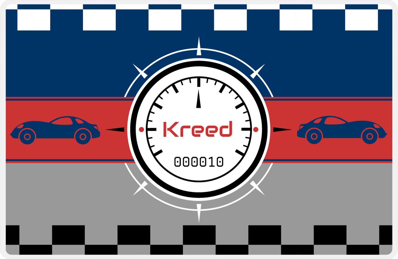 Personalized Racecar Placemat - Retro III - Racecar 1 - Grey and Red Background with Navy Car -  View