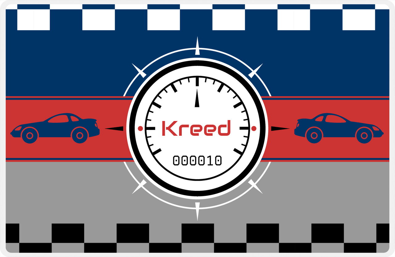 Personalized Racecar Placemat - Retro III - Racecar 2 - Grey and Red Background with Navy Car -  View