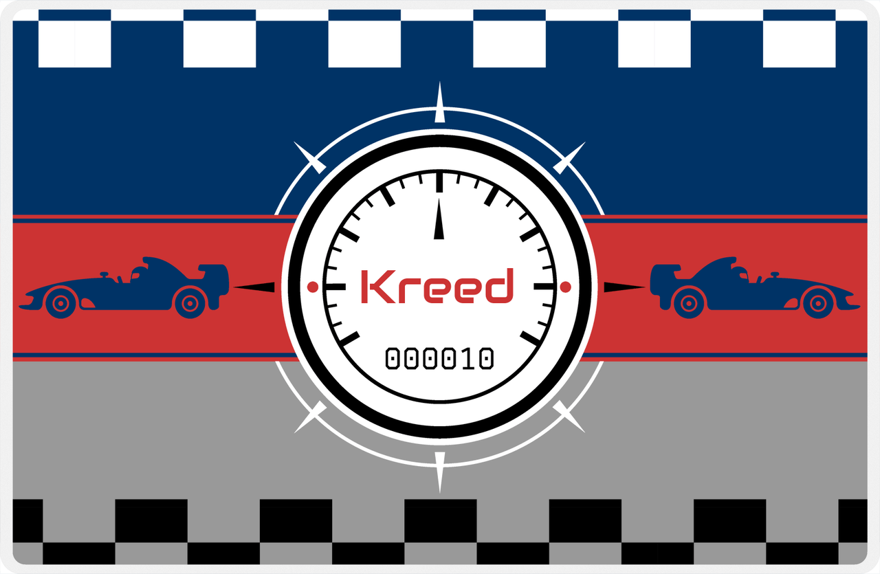 Personalized Racecar Placemat - Retro III - Racecar 3 - Grey and Red Background with Navy Car -  View