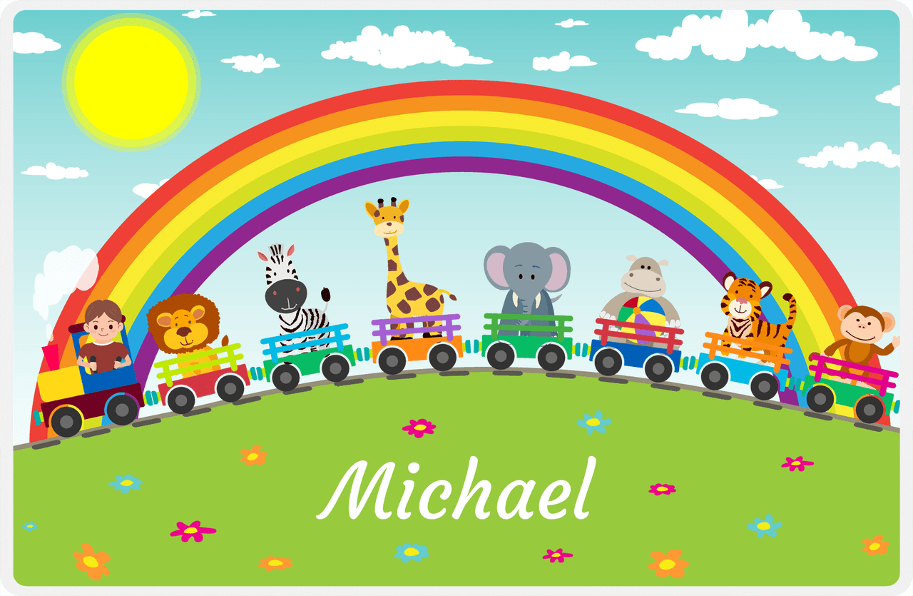 Personalized Rainbow Placemat IV - Animal Train - Brown Hair Boy -  View