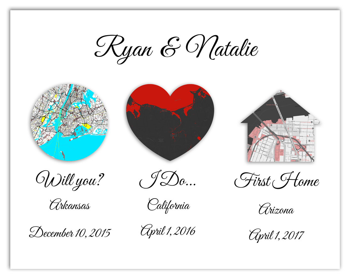 Personalized Relationship Milestones Map Wall Art - Custom Location Poster for Couples, Customized Names, Dates, City Maps, Romantic Home Decor, Keepsake Gifts for Wedding, Newlyweds, Anniversary - Front View