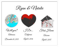Thumbnail for Personalized Relationship Milestones Map Wall Art - Custom Location Poster for Couples, Customized Names, Dates, City Maps, Romantic Home Decor, Keepsake Gifts for Wedding, Newlyweds, Anniversary - Front View