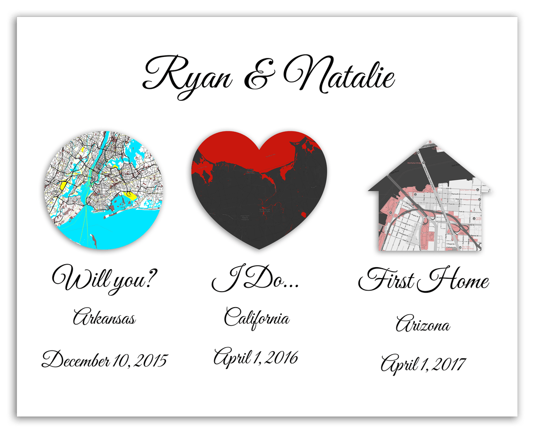 Personalized Relationship Milestones Map Wall Art - Custom Location Poster for Couples, Customized Names, Dates, City Maps, Romantic Home Decor, Keepsake Gifts for Wedding, Newlyweds, Anniversary - Front View