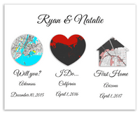 Thumbnail for Personalized Relationship Milestones Map Wall Art - Custom Location Poster for Couples, Customized Names, Dates, City Maps, Romantic Home Decor, Keepsake Gifts for Wedding, Newlyweds, Anniversary - Front View