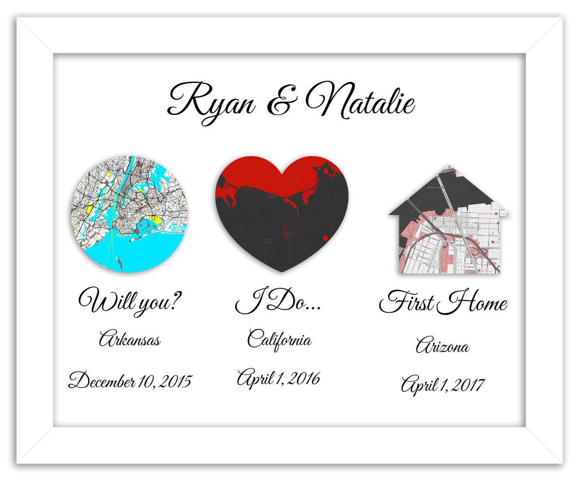 Personalized Relationship Milestones Map Wall Art - Custom Location Poster for Couples, Customized Names, Dates, City Maps, Romantic Home Decor, Keepsake Gifts for Wedding, Newlyweds, Anniversary - Front View