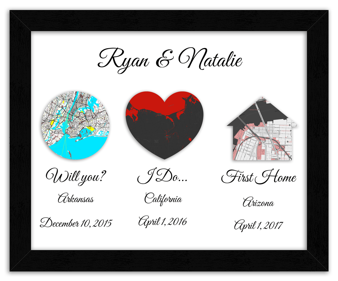 Personalized Relationship Milestones Map Wall Art - Custom Location Poster for Couples, Customized Names, Dates, City Maps, Romantic Home Decor, Keepsake Gifts for Wedding, Newlyweds, Anniversary - Front View