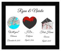 Thumbnail for Personalized Relationship Milestones Map Wall Art - Custom Location Poster for Couples, Customized Names, Dates, City Maps, Romantic Home Decor, Keepsake Gifts for Wedding, Newlyweds, Anniversary - Front View