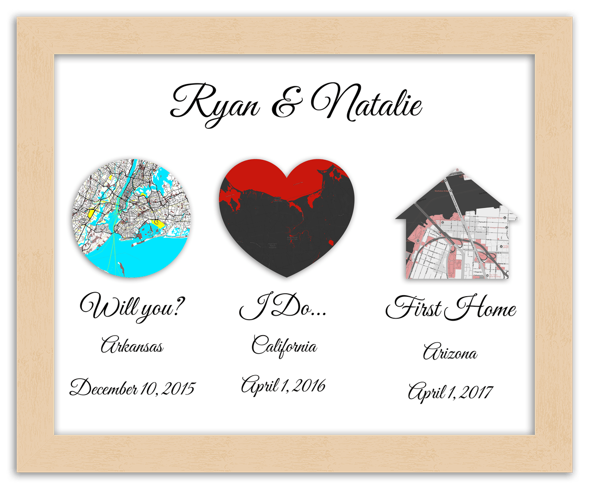 Personalized Relationship Milestones Map Wall Art - Custom Location Poster for Couples, Customized Names, Dates, City Maps, Romantic Home Decor, Keepsake Gifts for Wedding, Newlyweds, Anniversary - Front View