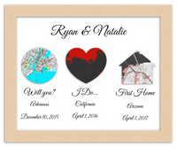 Thumbnail for Personalized Relationship Milestones Map Wall Art - Custom Location Poster for Couples, Customized Names, Dates, City Maps, Romantic Home Decor, Keepsake Gifts for Wedding, Newlyweds, Anniversary - Front View