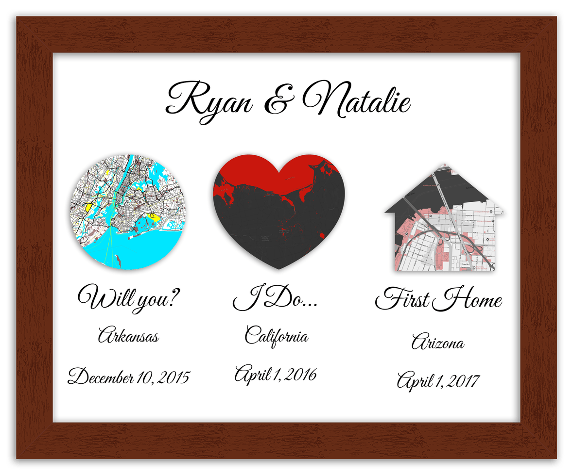 Personalized Relationship Milestones Map Wall Art - Custom Location Poster for Couples, Customized Names, Dates, City Maps, Romantic Home Decor, Keepsake Gifts for Wedding, Newlyweds, Anniversary - Front View