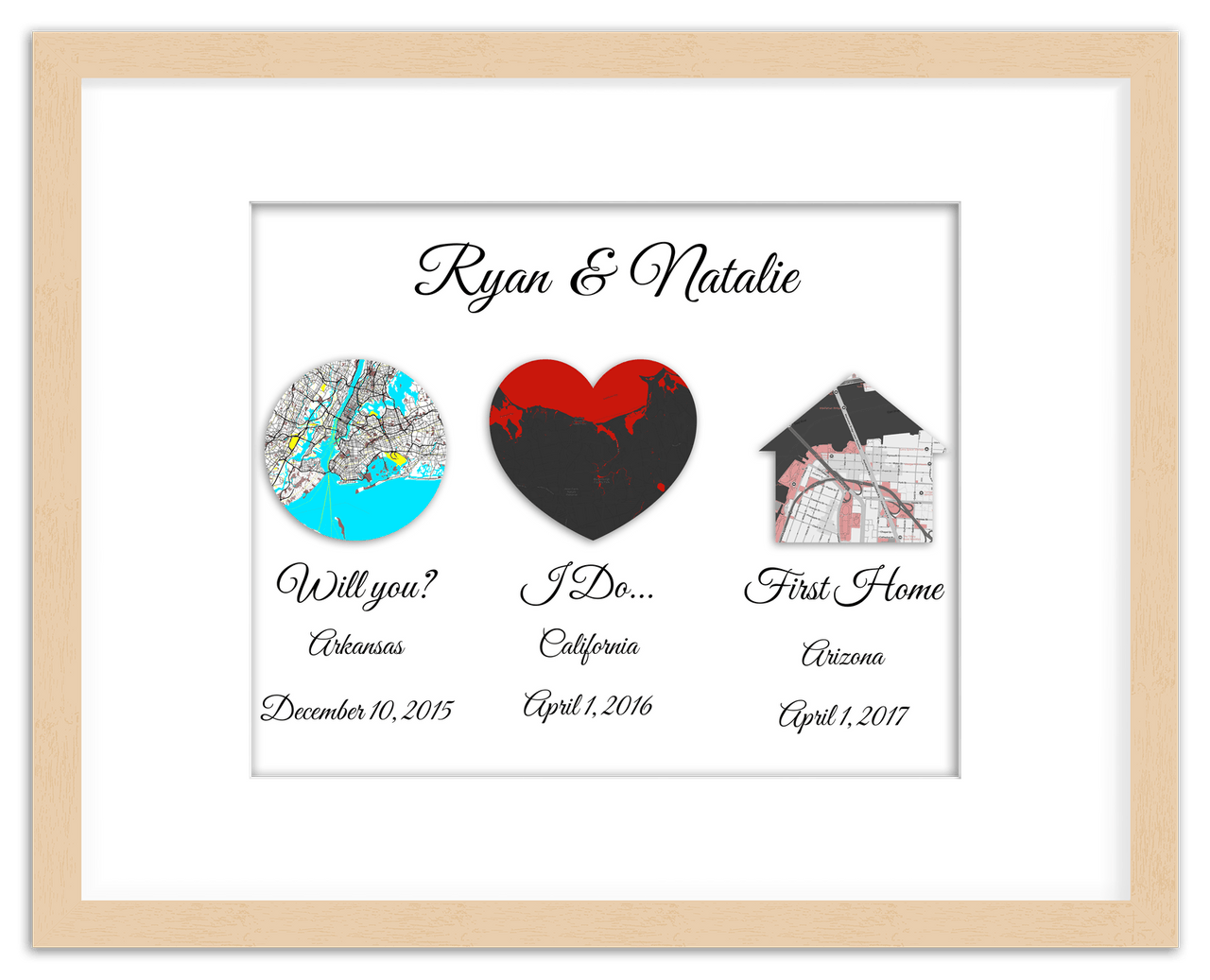 Personalized Relationship Milestones Map Wall Art - Custom Location Poster for Couples, Customized Names, Dates, City Maps, Romantic Home Decor, Keepsake Gifts for Wedding, Newlyweds, Anniversary - Front View