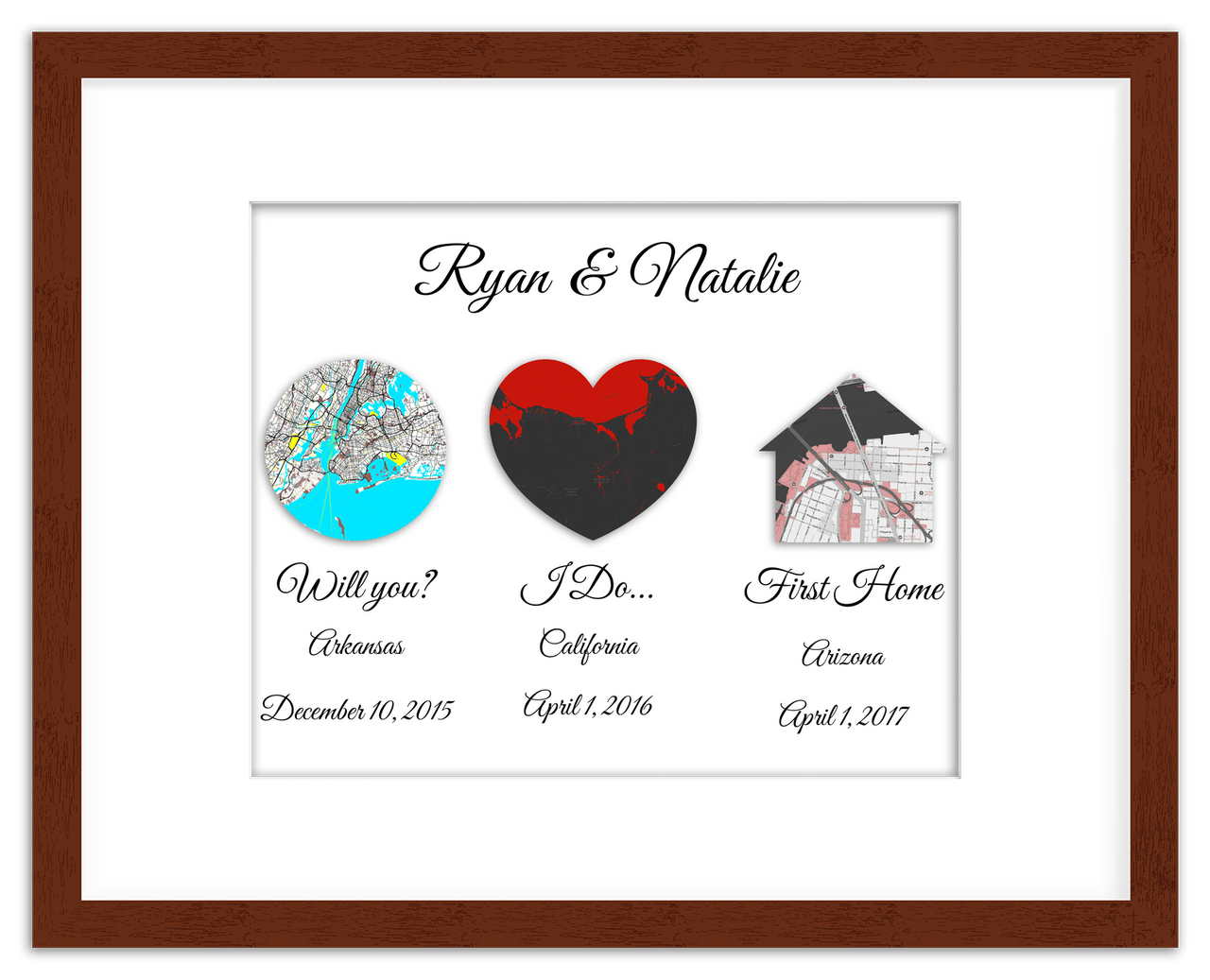 Personalized Relationship Milestones Map Wall Art - Custom Location Poster for Couples, Customized Names, Dates, City Maps, Romantic Home Decor, Keepsake Gifts for Wedding, Newlyweds, Anniversary - Front View