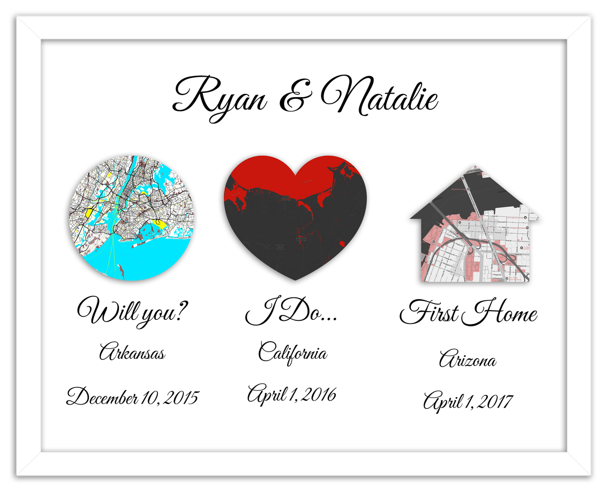 Personalized Relationship Milestones Map Wall Art - Custom Location Poster for Couples, Customized Names, Dates, City Maps, Romantic Home Decor, Keepsake Gifts for Wedding, Newlyweds, Anniversary - Front View