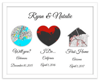 Thumbnail for Personalized Relationship Milestones Map Wall Art - Custom Location Poster for Couples, Customized Names, Dates, City Maps, Romantic Home Decor, Keepsake Gifts for Wedding, Newlyweds, Anniversary - Front View