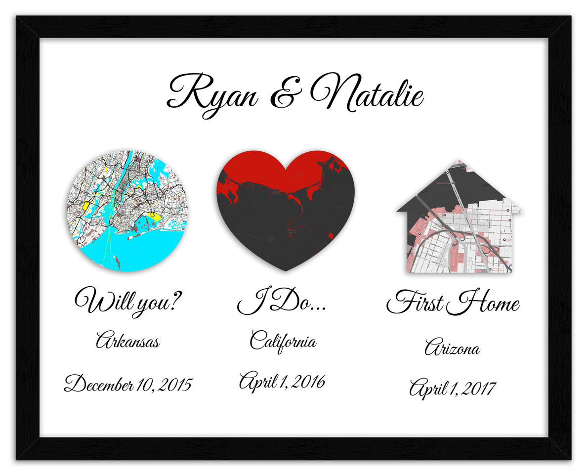 Personalized Relationship Milestones Map Wall Art - Custom Location Poster for Couples, Customized Names, Dates, City Maps, Romantic Home Decor, Keepsake Gifts for Wedding, Newlyweds, Anniversary - Front View
